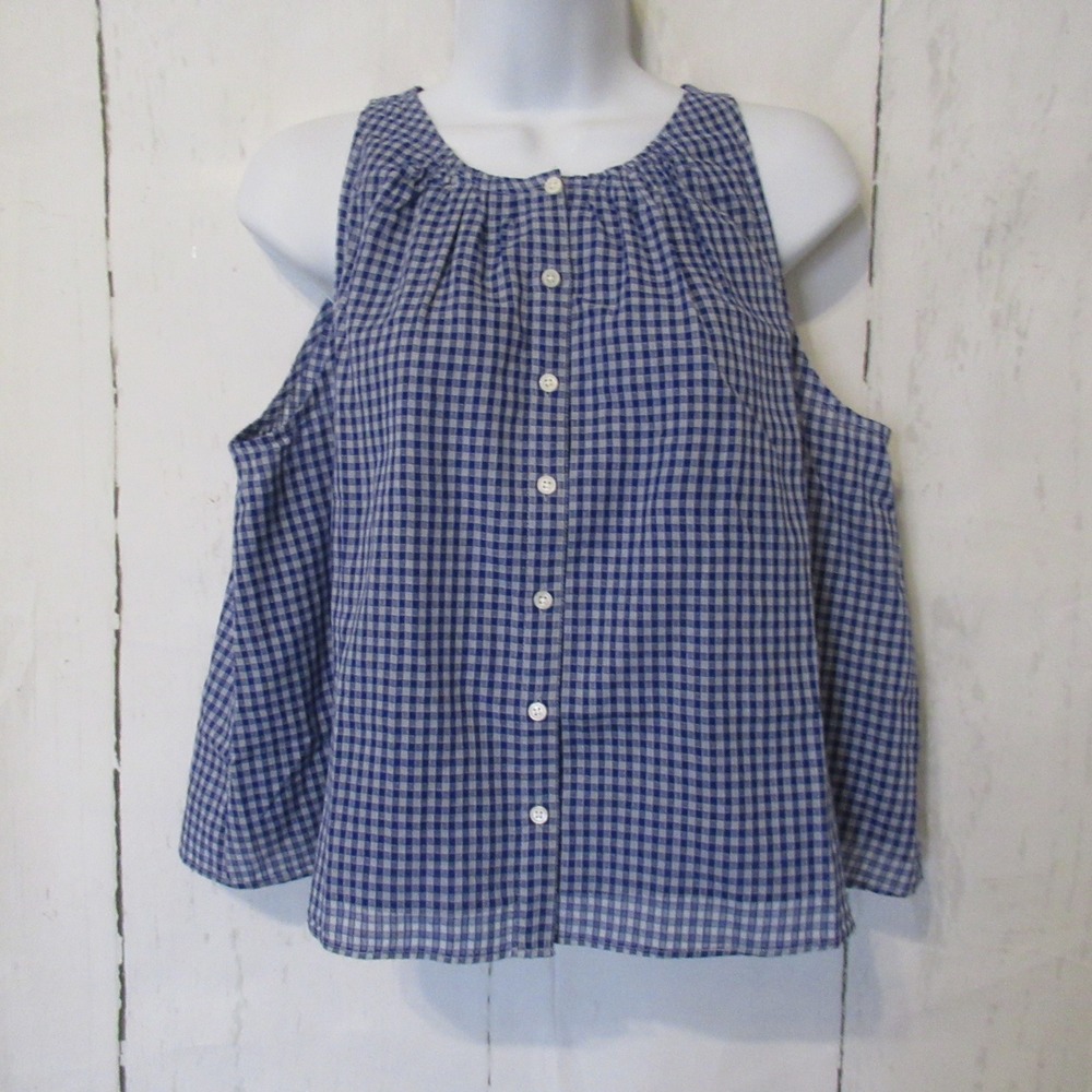 J Crew Top S Small Blue High Neck‎ Tank Gingham Cotton Plaid Preppy Swing CU945